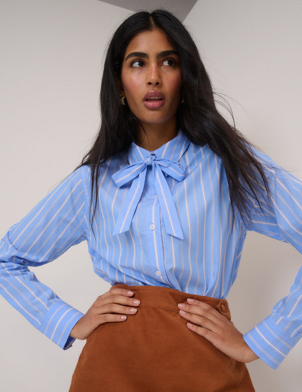 Blue Pinstripe Bow Collar Shirt