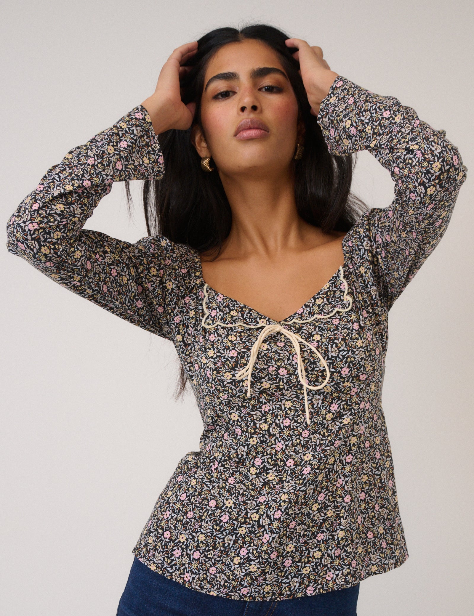 Black Floral Bow Front Top