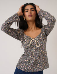 Black Floral Bow Front Top