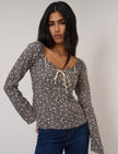 Black Floral Bow Front Top