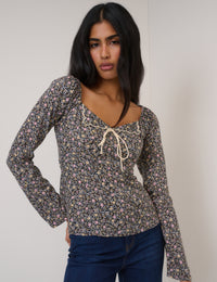 Black Floral Bow Front Top