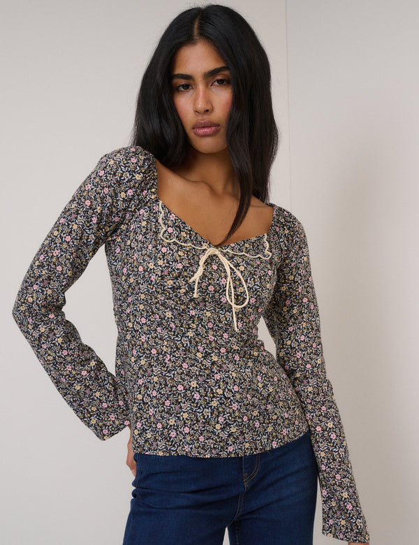 Black Floral Bow Front Top