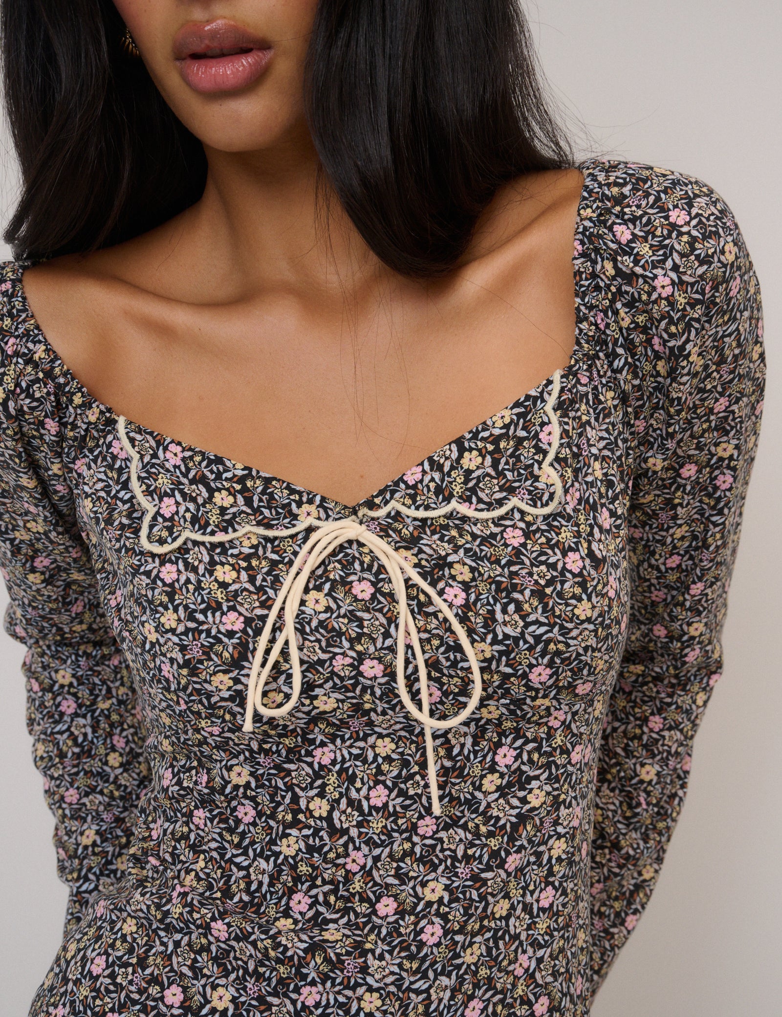 Black Floral Bow Front Top