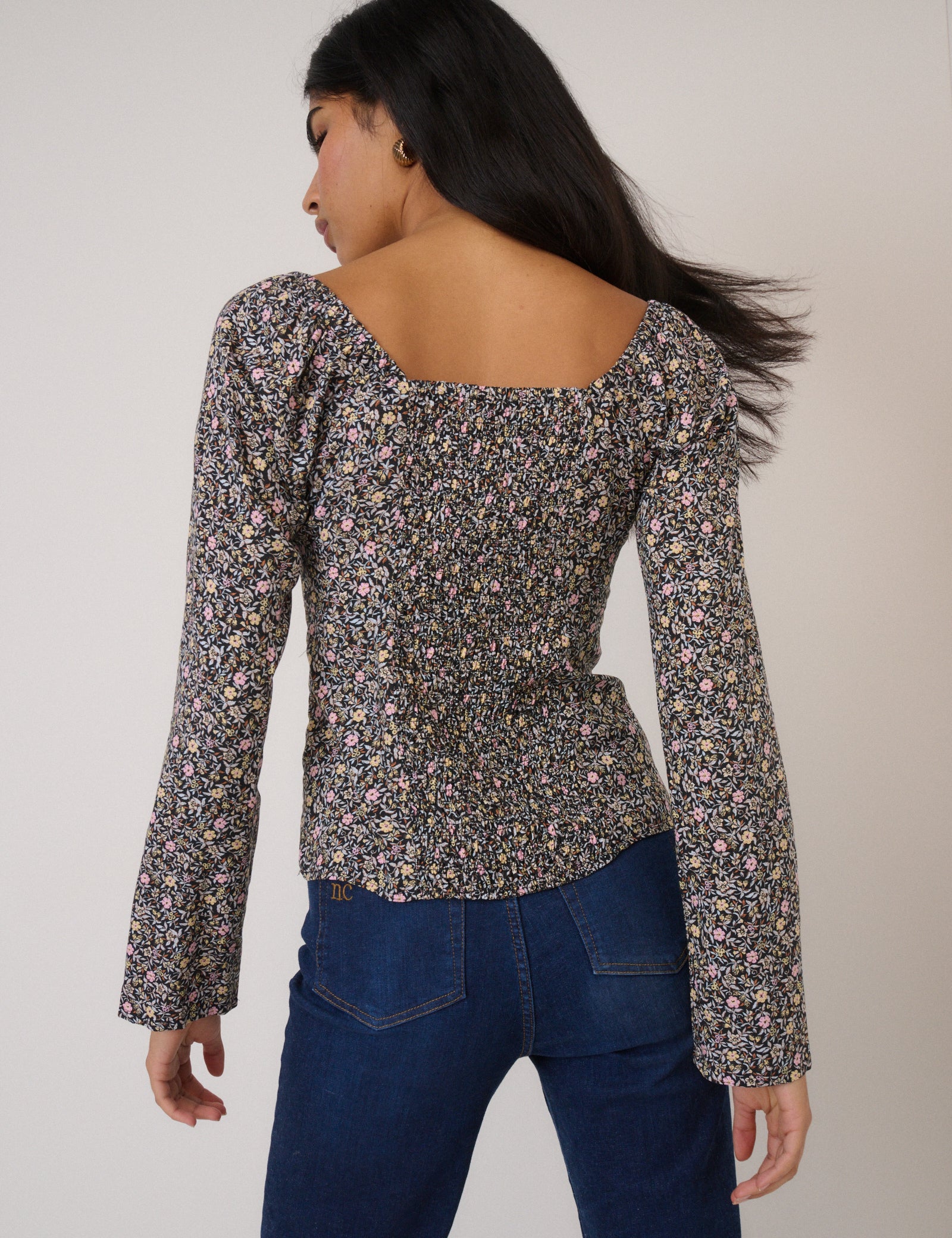 Black Floral Bow Front Top