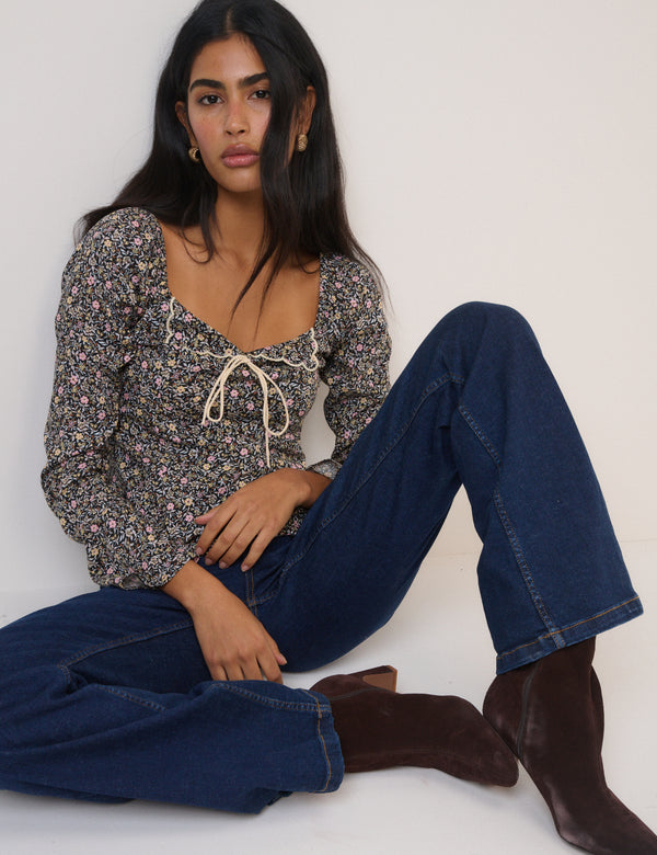 Black Floral Bow Front Top