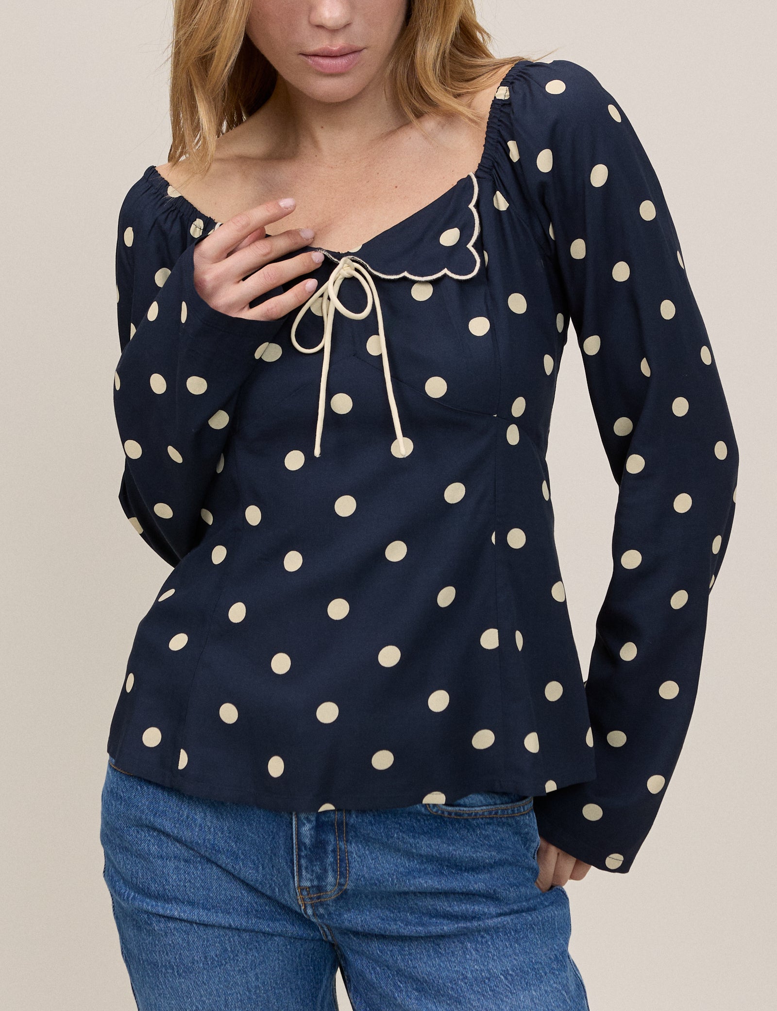 Navy Polka Bow Top
