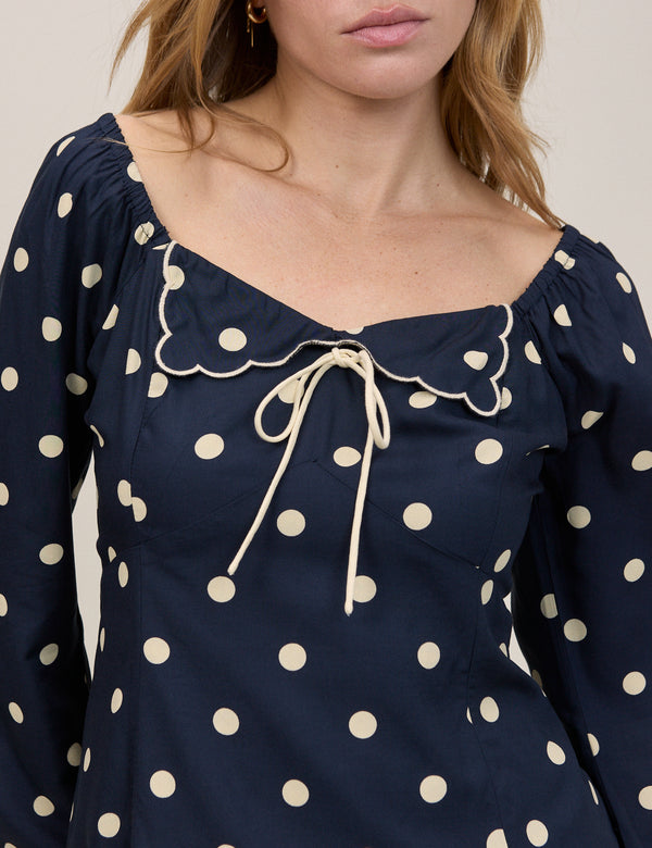 Navy Polka Bow Top