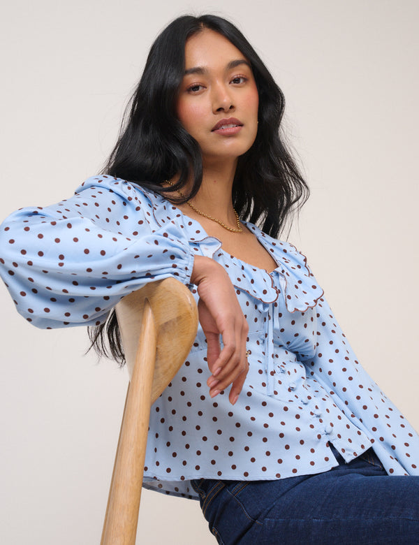Blue Satin Polka Dot Blouse