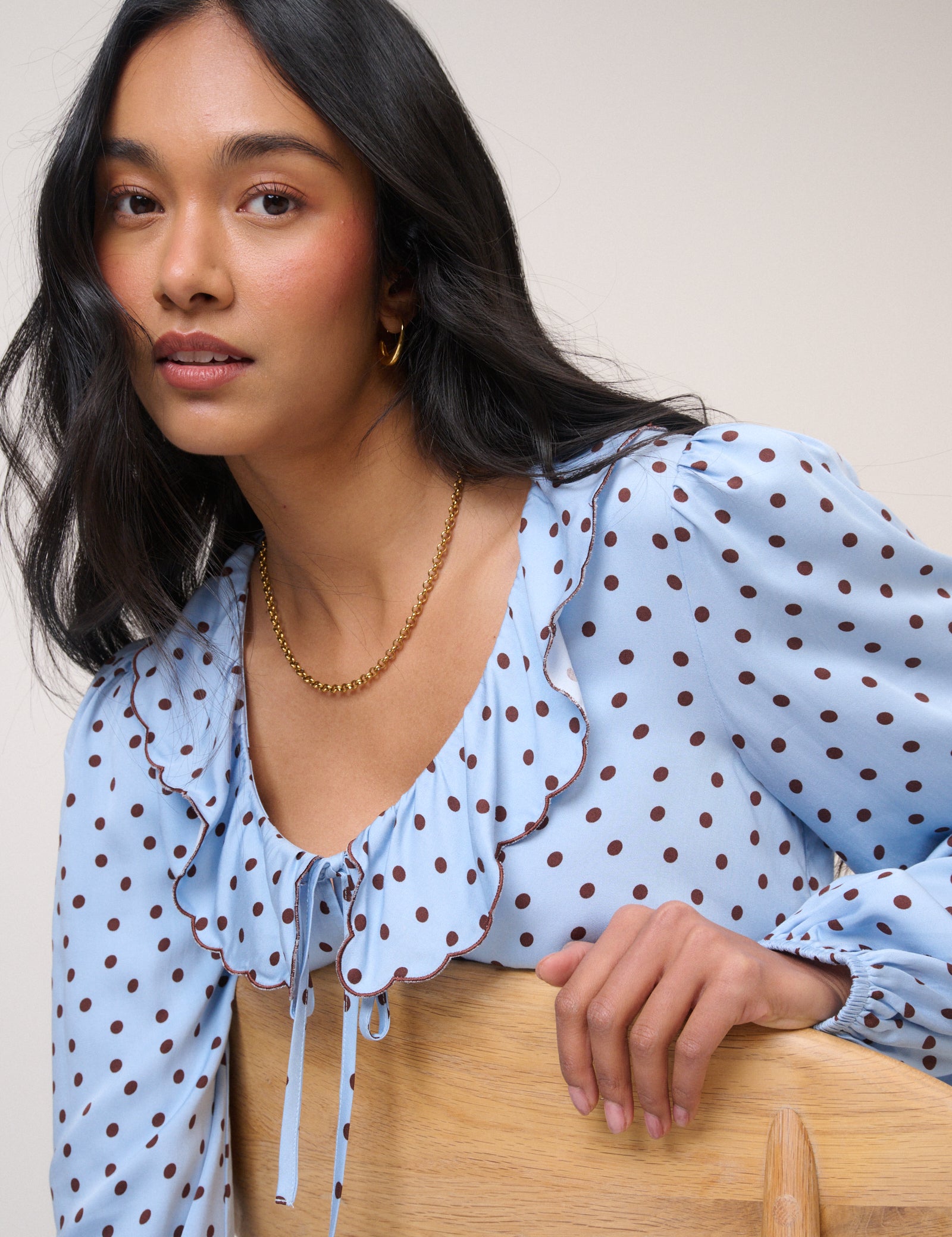 Blue Satin Polka Dot Blouse