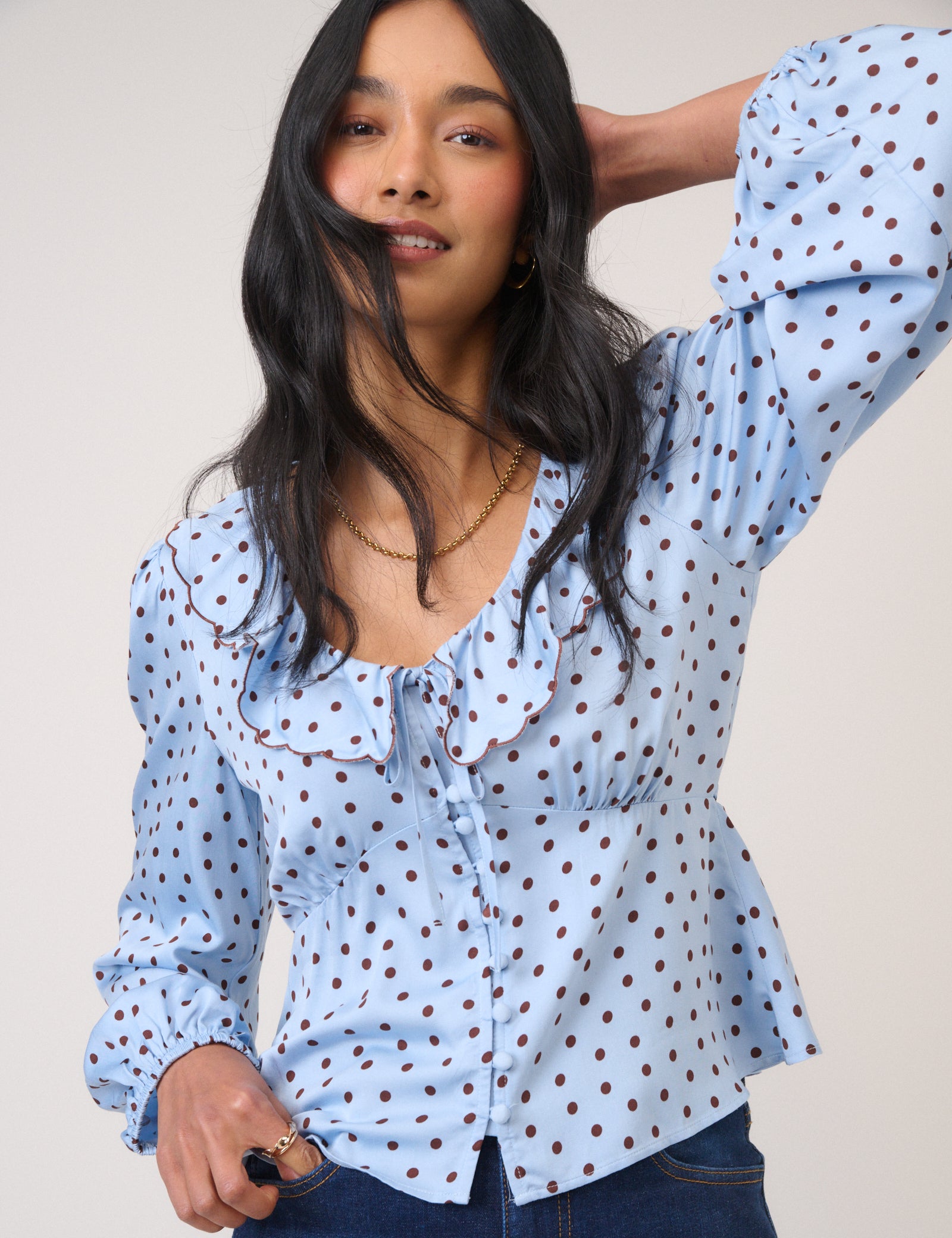 Blue Satin Polka Dot Blouse