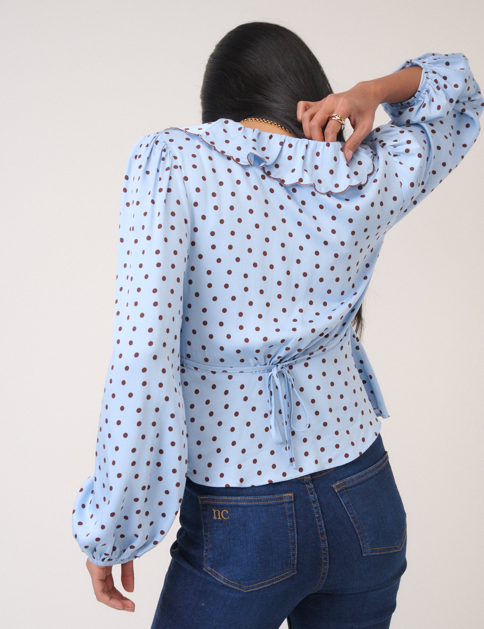 Blue Satin Polka Dot Blouse