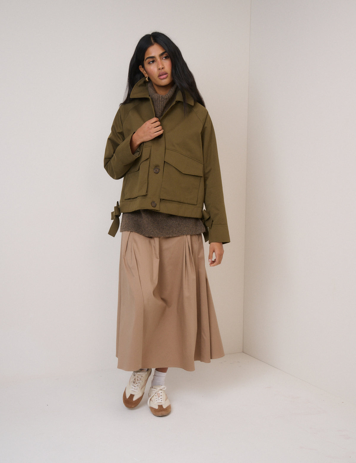 Beige Pleated Midi Skirt