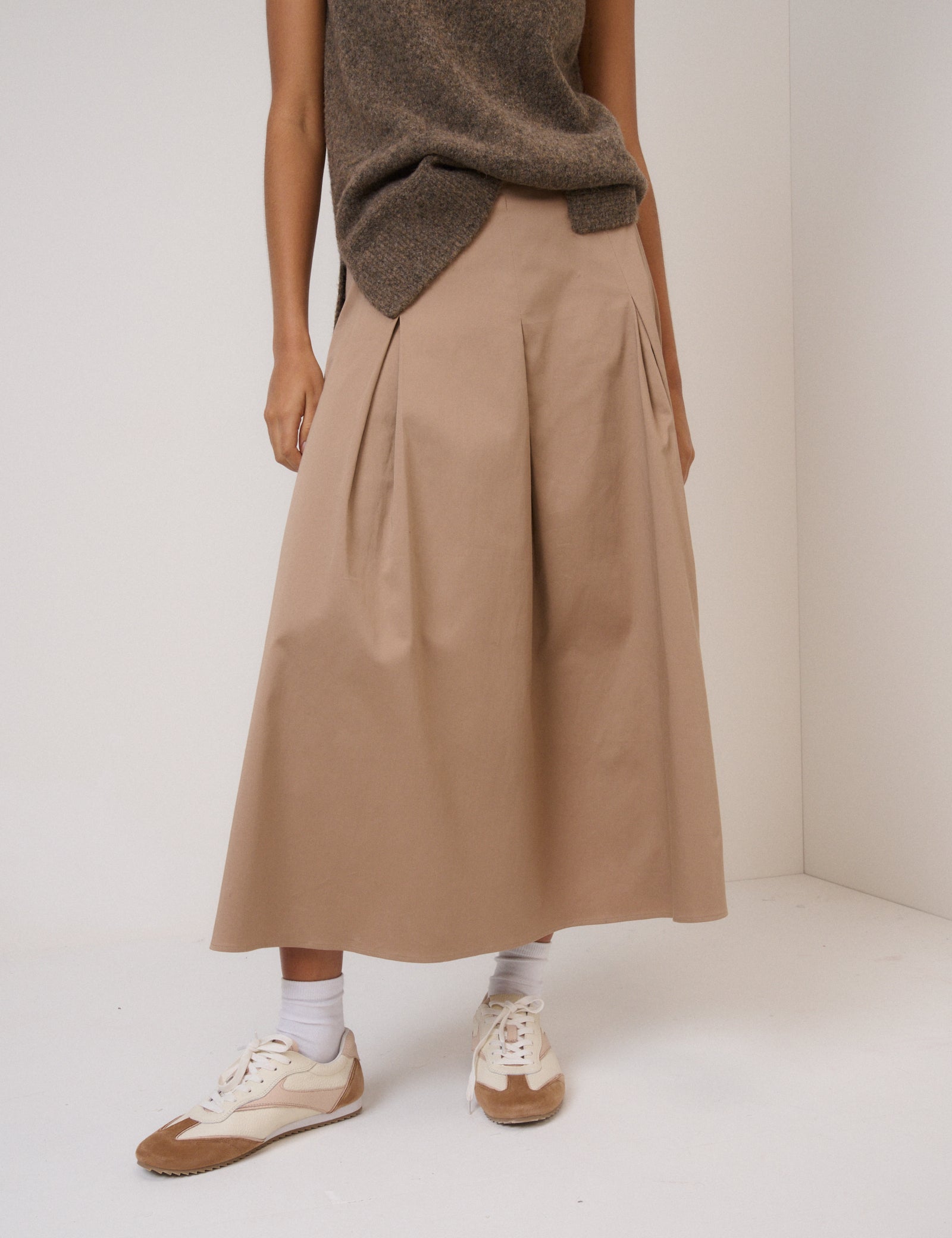 Beige Pleated Midi Skirt