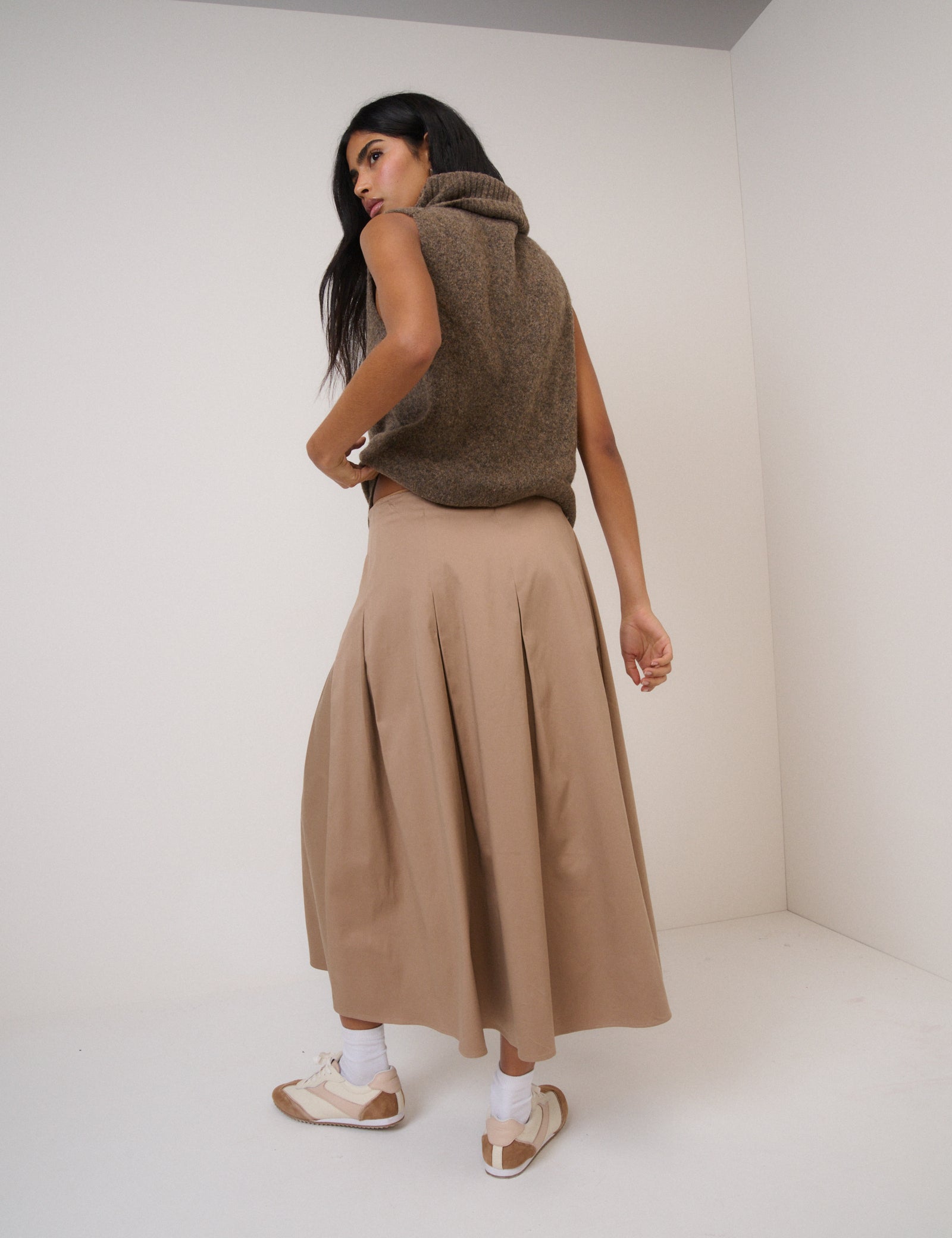 Beige Pleated Midi Skirt