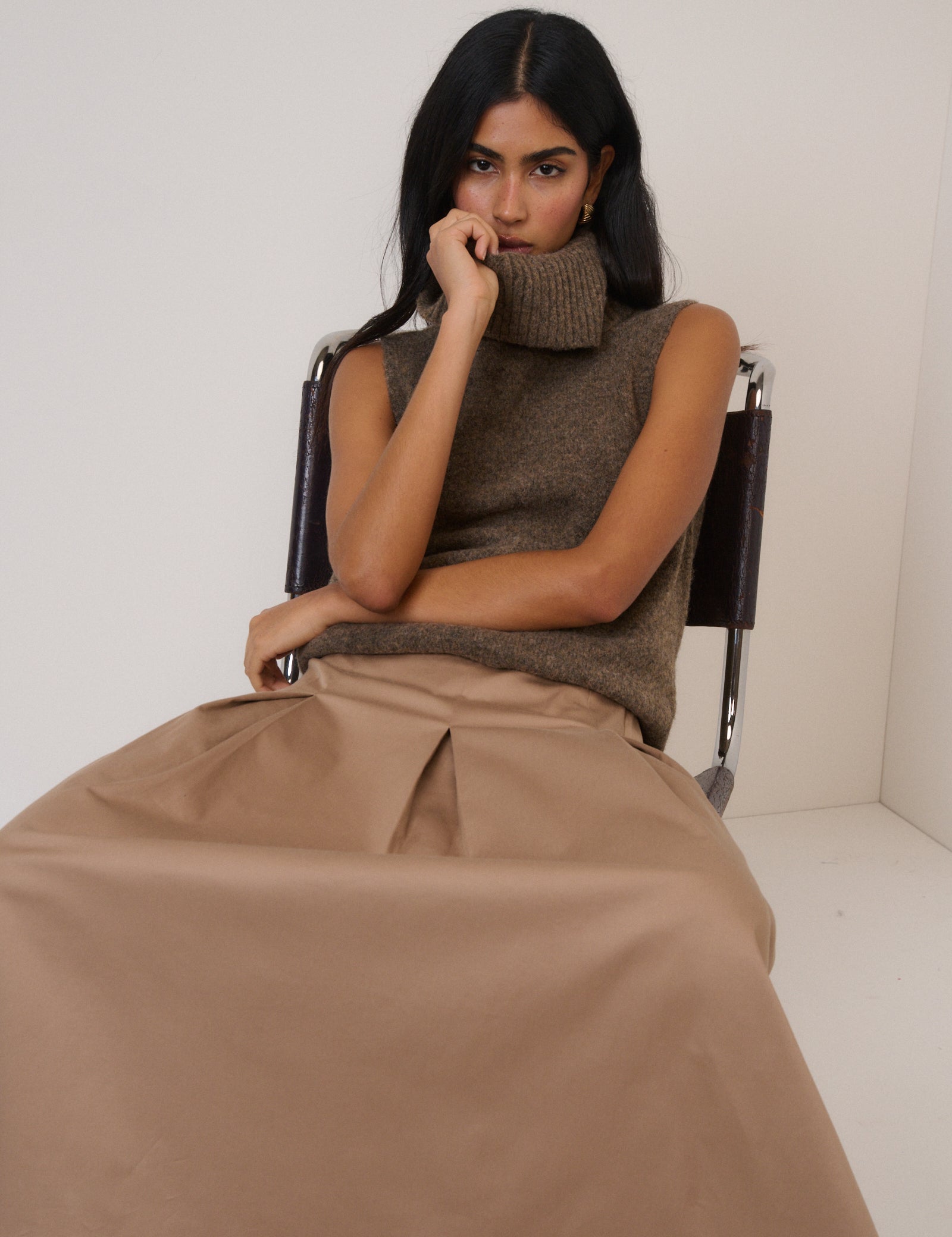 Beige Pleated Midi Skirt