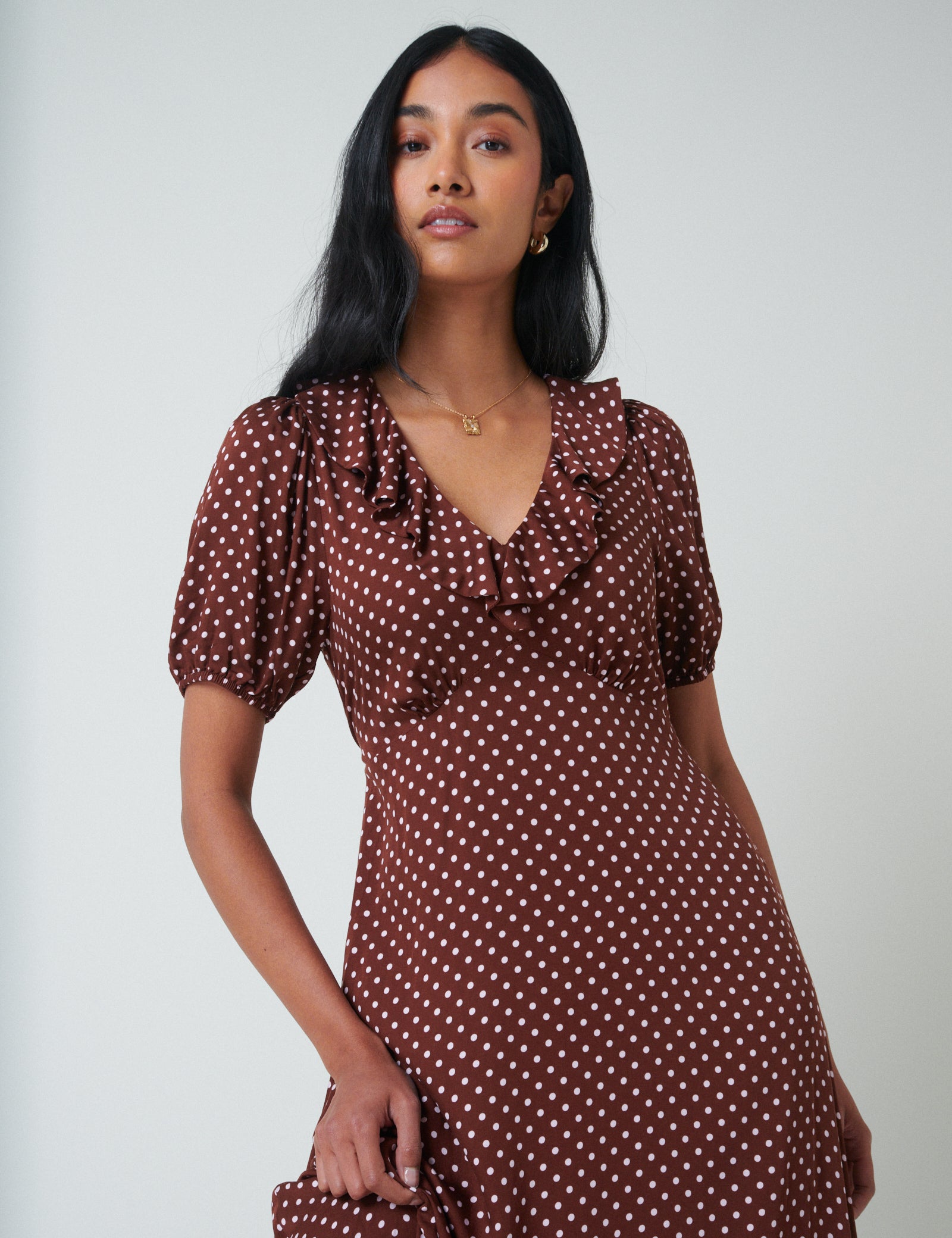 Brown Polka Dot Fae Midi Dress Brown Polka Dot Fae Midi Dress