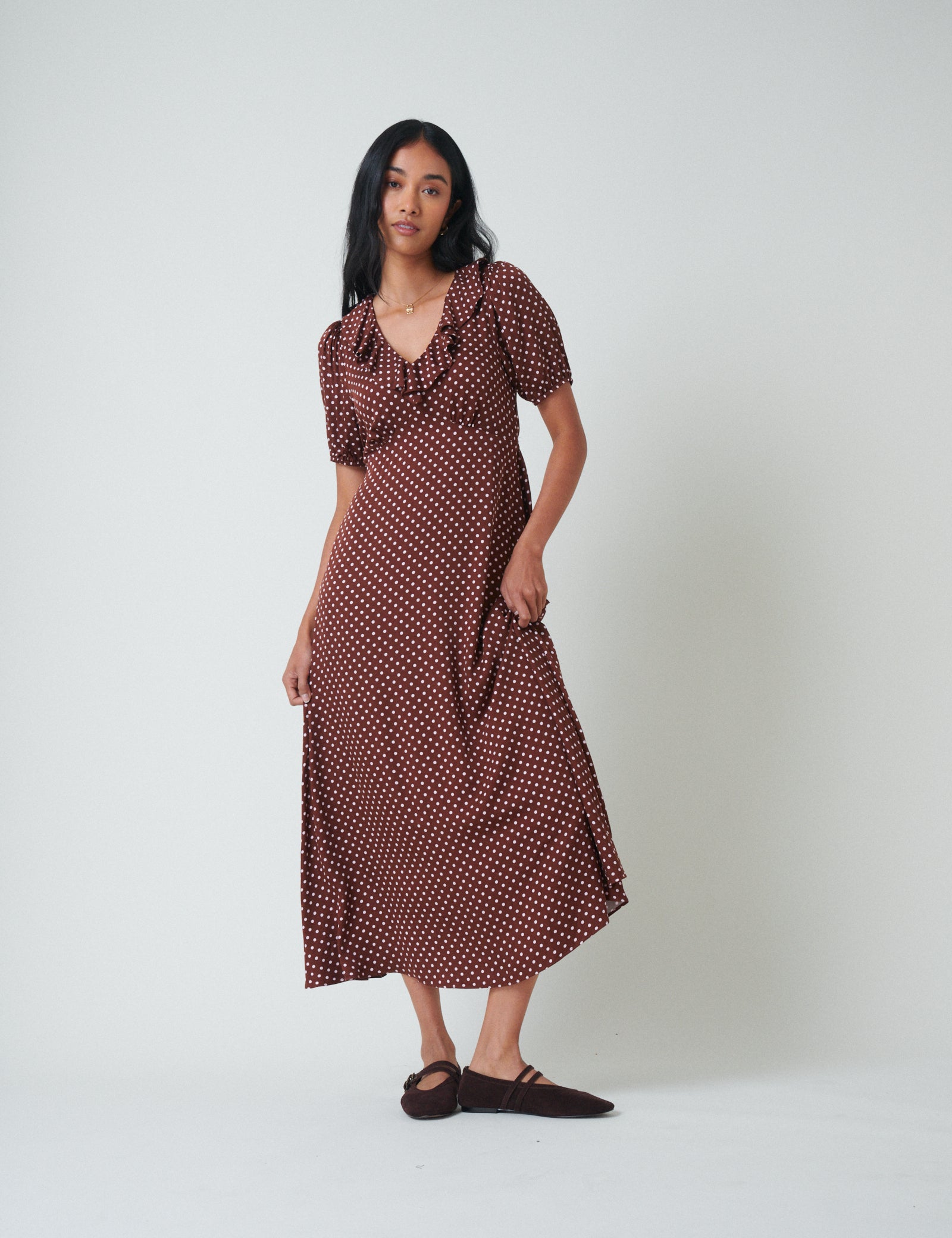 Brown Polka Dot Fae Midi Dress