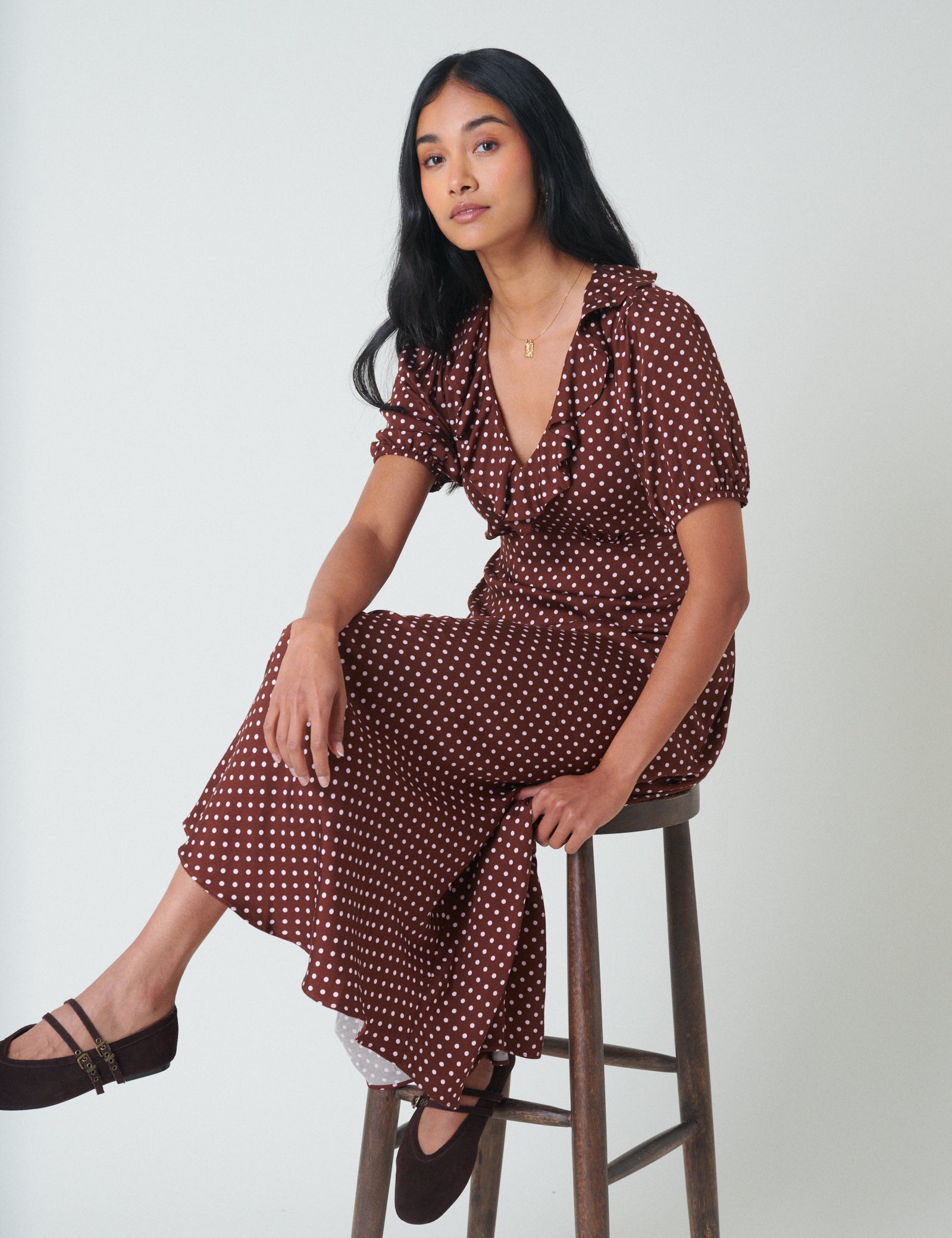 Brown Polka Dot Fae Midi Dress