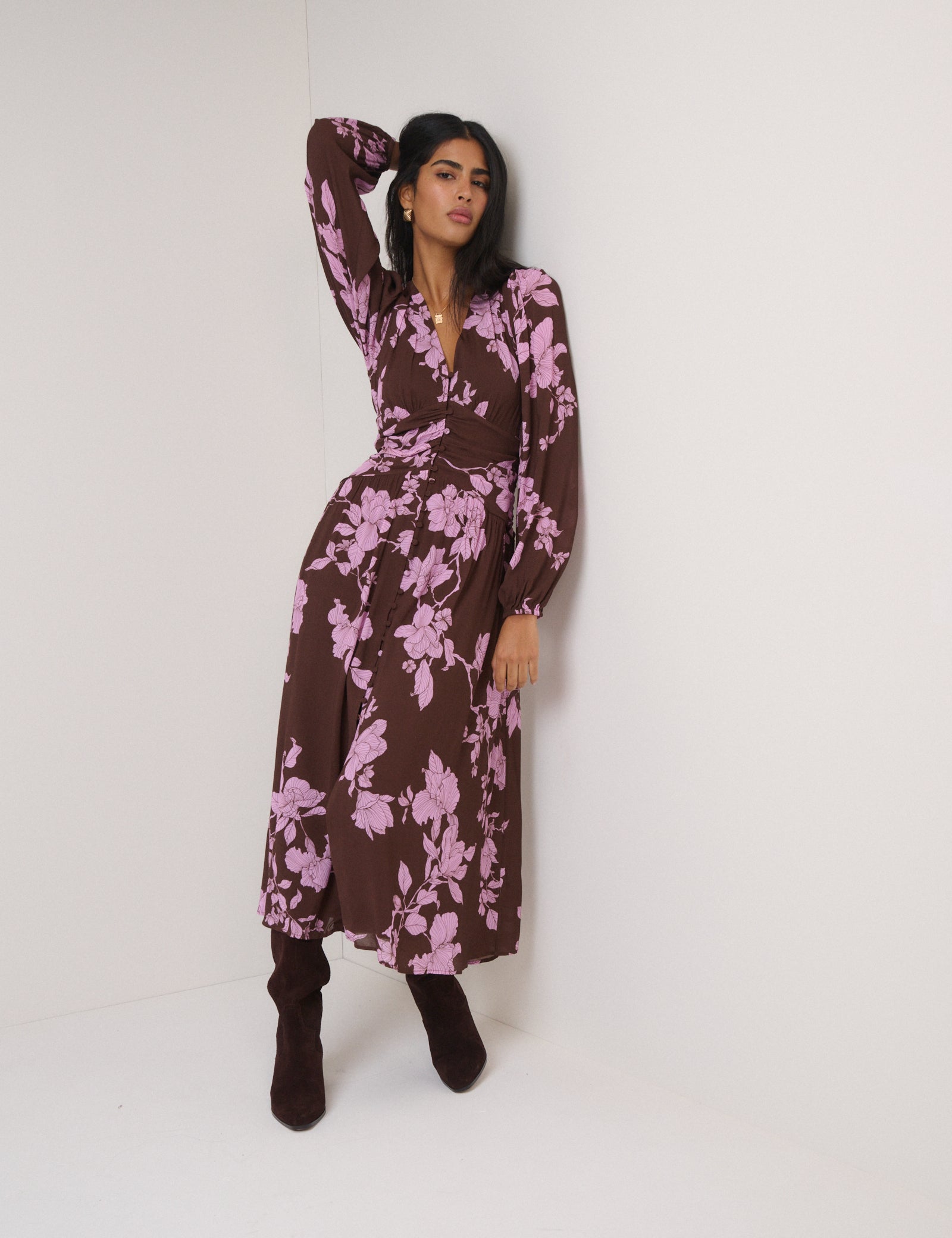 Brown And Pink Floral Luna Midi Dress Brown And Pink Floral Luna Midi Dress