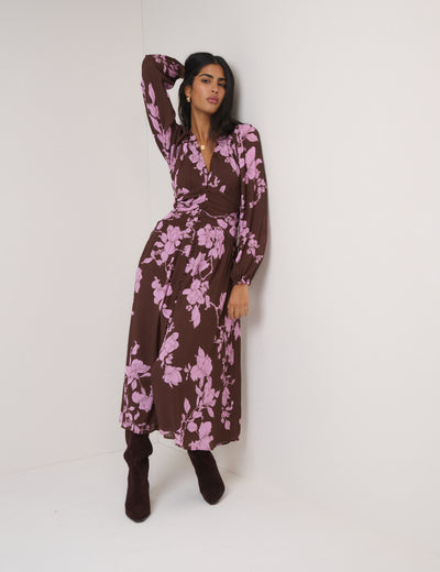 Brown And Pink Floral Luna Midi Dress