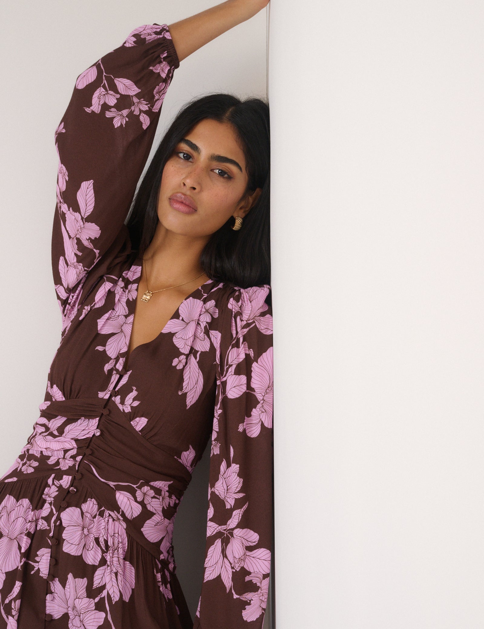 Brown And Pink Floral Luna Midi Dress Brown And Pink Floral Luna Midi Dress
