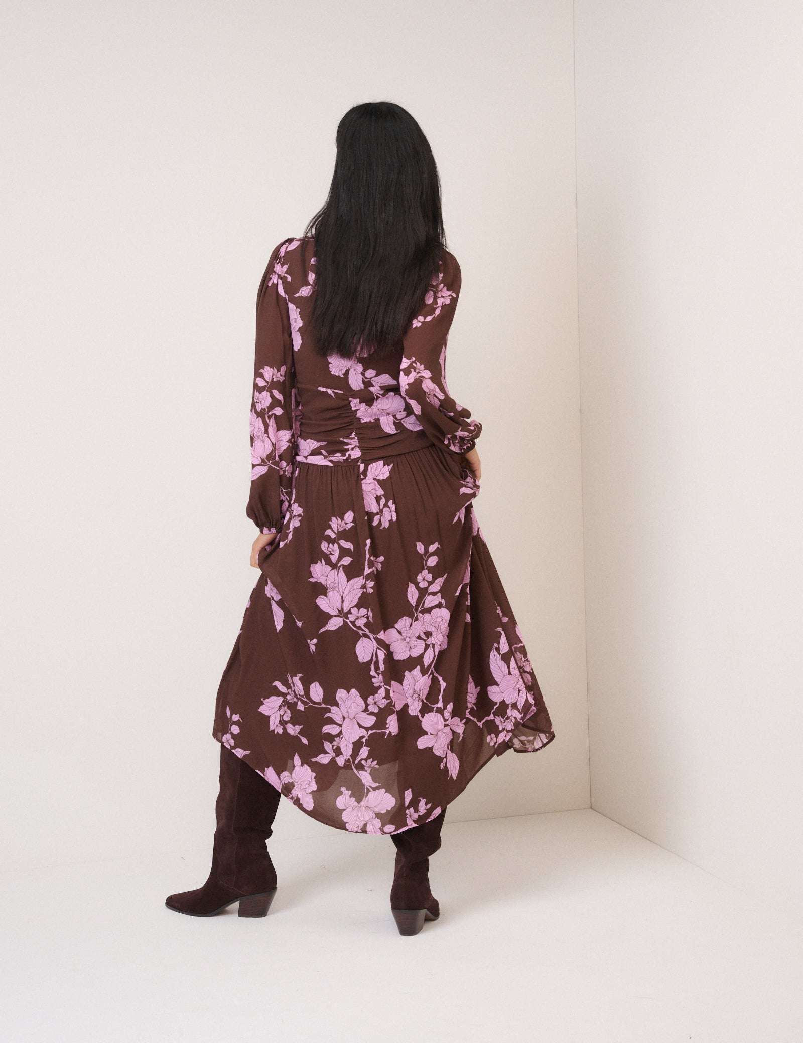 Brown And Pink Floral Luna Midi Dress Brown And Pink Floral Luna Midi Dress