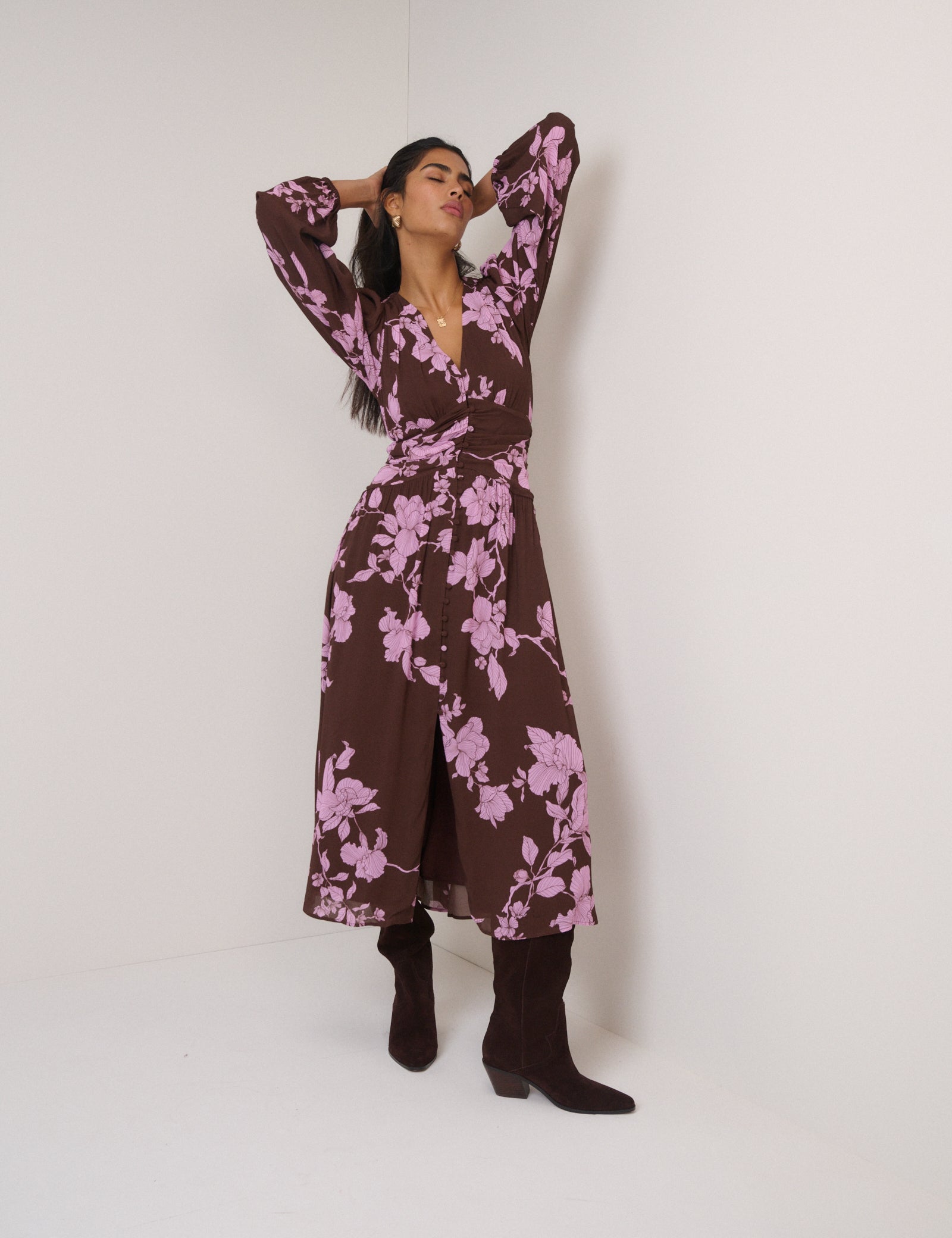 Brown And Pink Floral Luna Midi Dress Brown And Pink Floral Luna Midi Dress