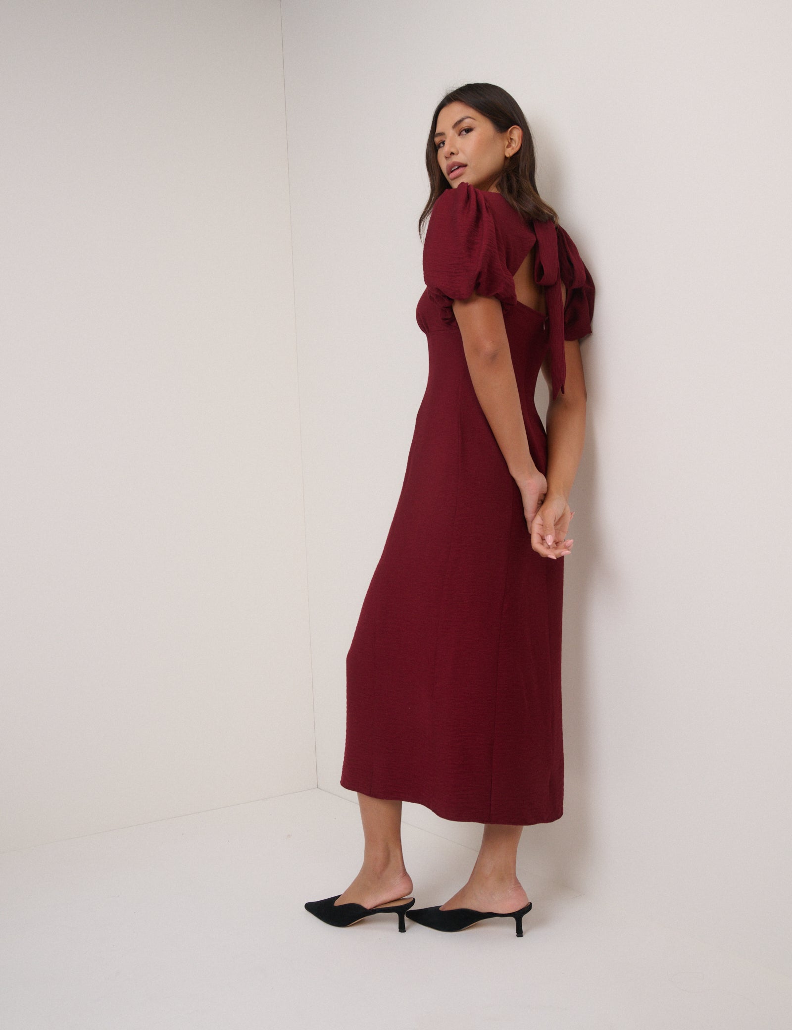 Burgundy Puff Sleeve Pax Midi Dress Burgundy Puff Sleeve Pax Midi Dress
