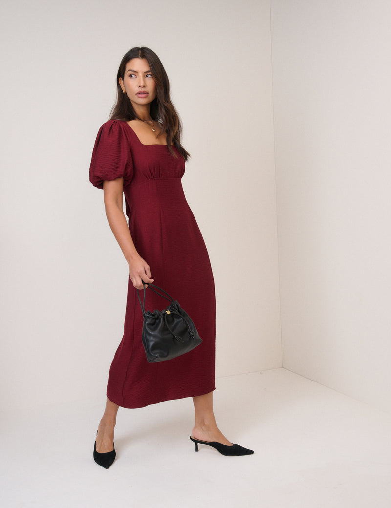 Burgundy Puff Sleeve Pax Midi Dress