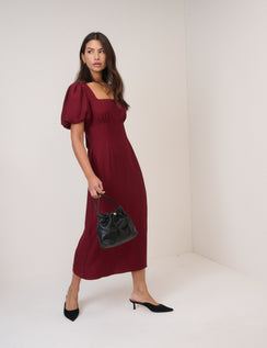 Burgundy Puff Sleeve Pax Midi Dress