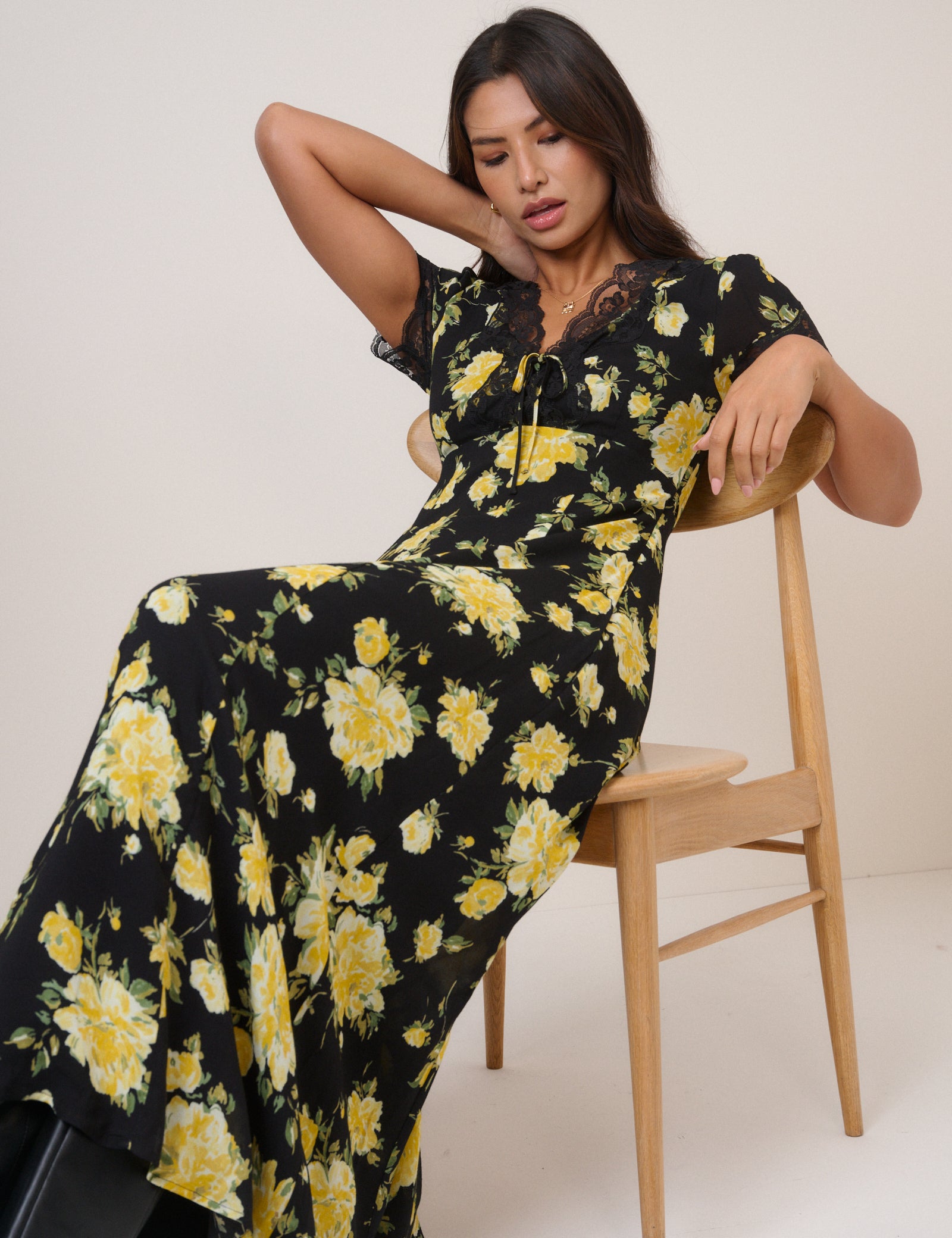 Black And Yellow Floral Morgan Midi Dress