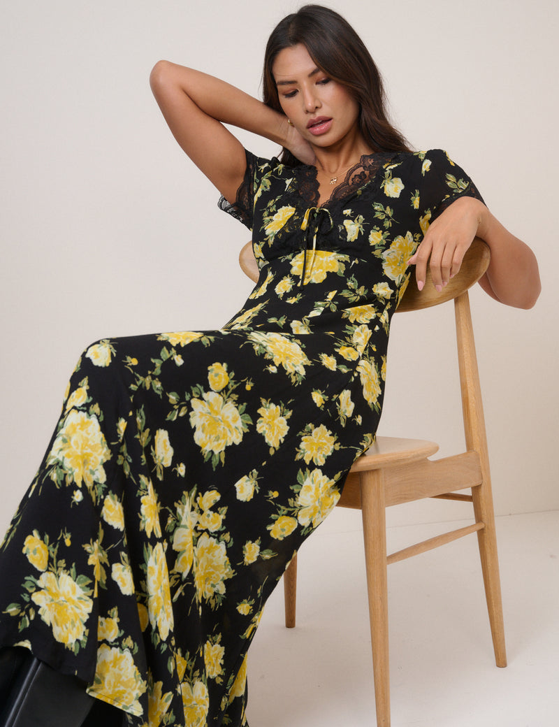 Black And Yellow Floral Morgan Midi Dress