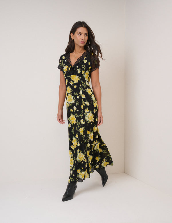 Black And Yellow Floral Morgan Midi Dress