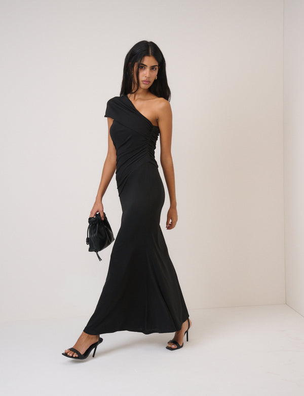 Black Asymmetric Jersey Dallas Midi Dress