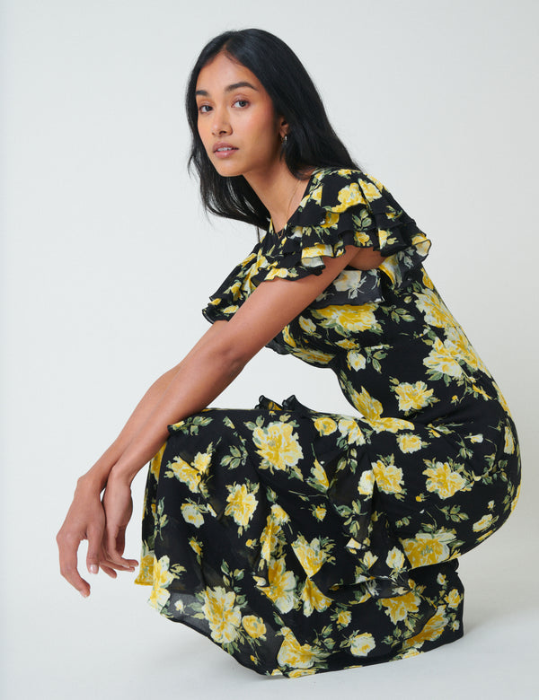 Black Floral Marley Midi Dress