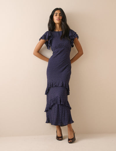 Navy Polka Dot Ruffle Marley Maxi Dress