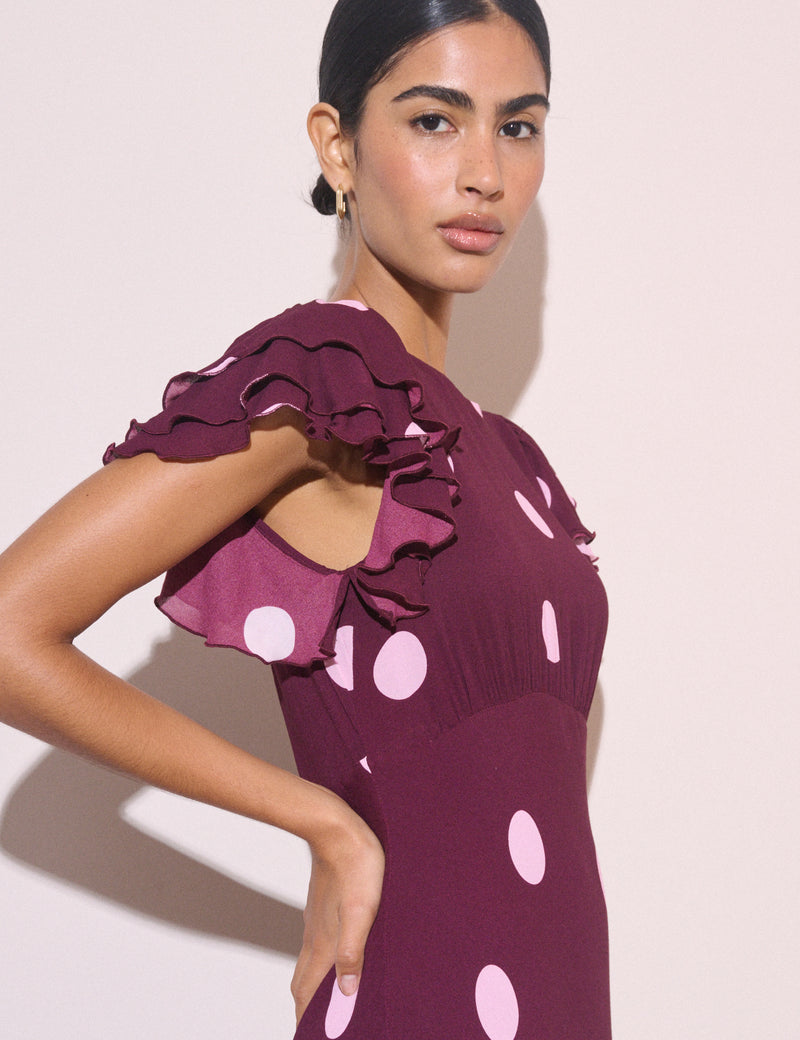 Burgundy Polka Dot Ruffle Marley Maxi Dress