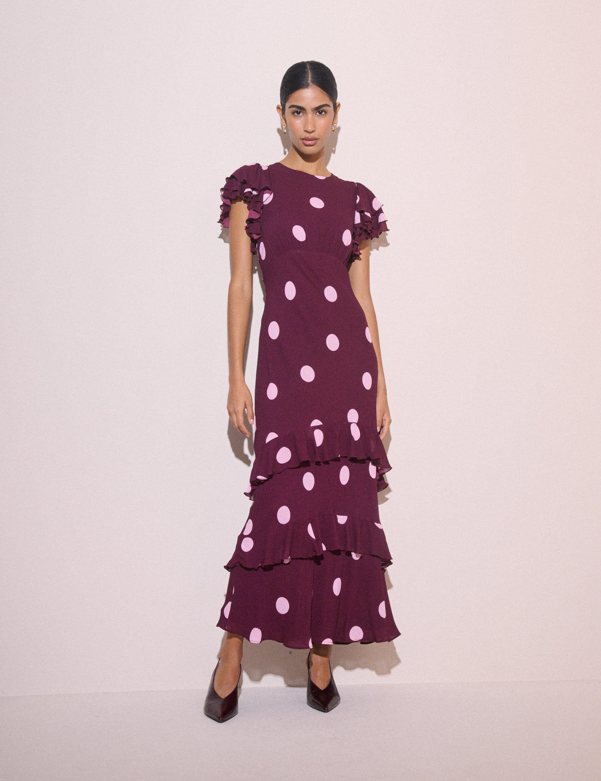 Burgundy Polka Dot Ruffle Marley Maxi Dress