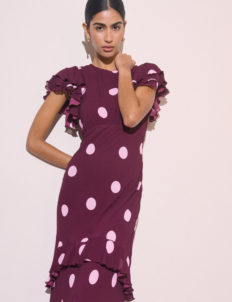 Burgundy Polka Dot Ruffle Marley Maxi Dress