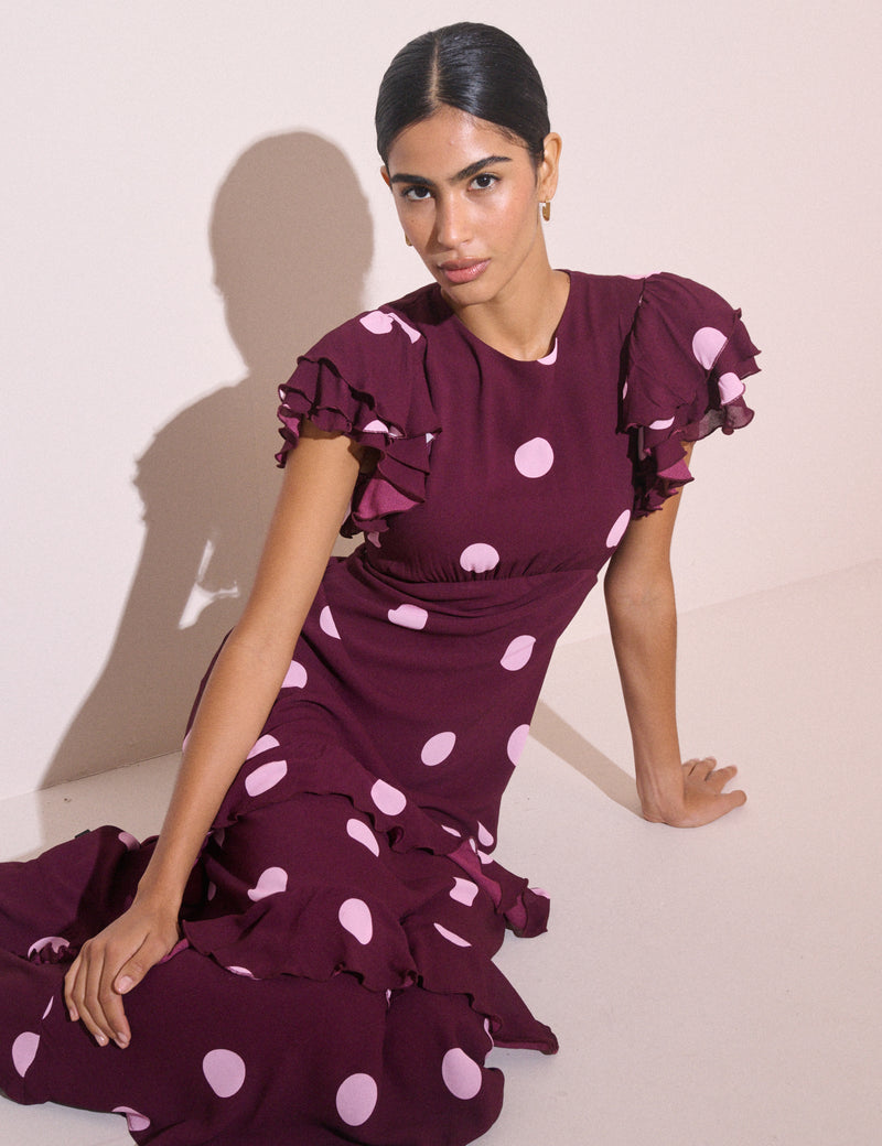 Burgundy Polka Dot Ruffle Marley Maxi Dress
