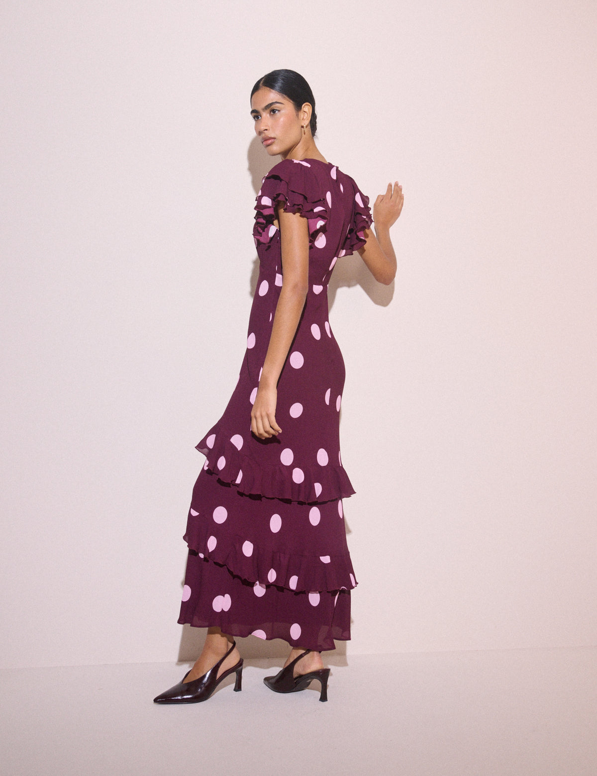 Burgundy Polka Dot Ruffle Marley Maxi Dress