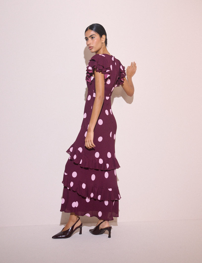 Burgundy Polka Dot Ruffle Marley Maxi Dress