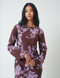 Brown Floral Long Sleeve Shiloh Midi Dress