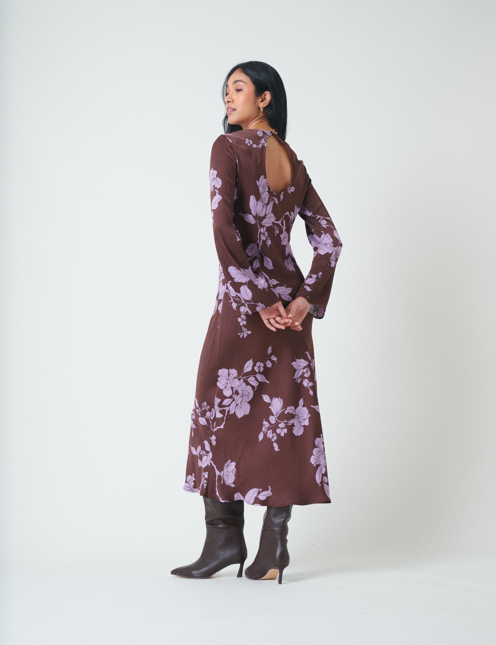 Brown Floral Long Sleeve Shiloh Midi Dress Brown Floral Long Sleeve Shiloh Midi Dress