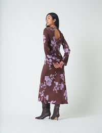 Brown Floral Long Sleeve Shiloh Midi Dress