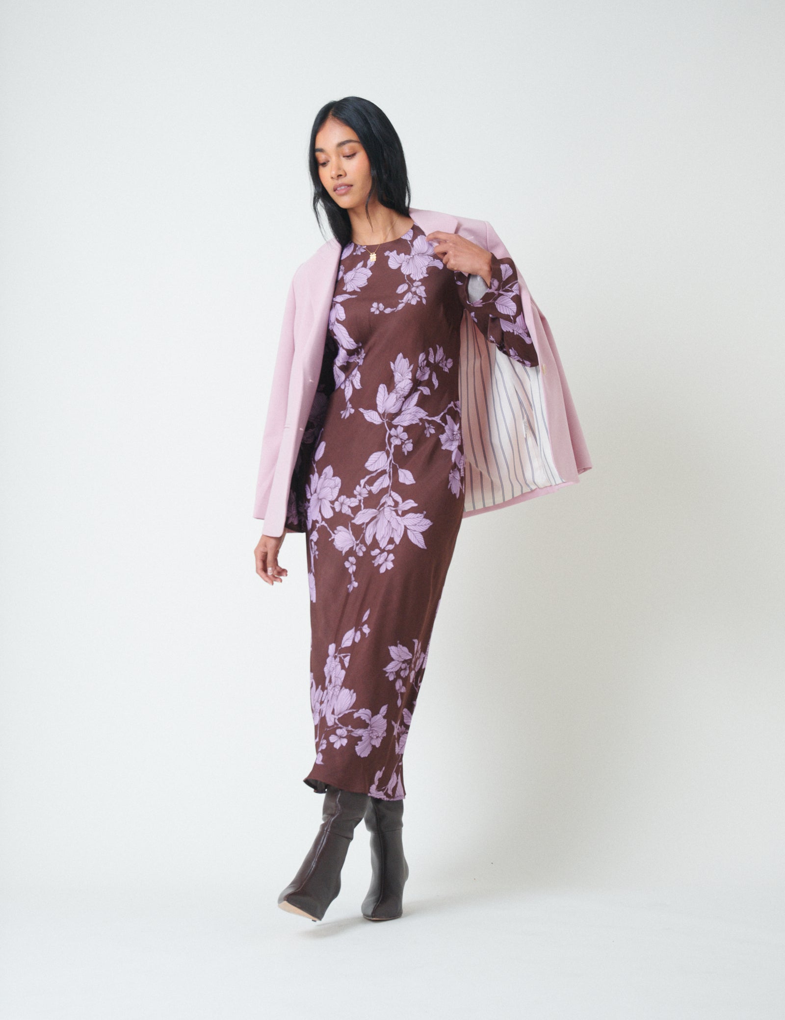 Brown Floral Long Sleeve Shiloh Midi Dress Brown Floral Long Sleeve Shiloh Midi Dress