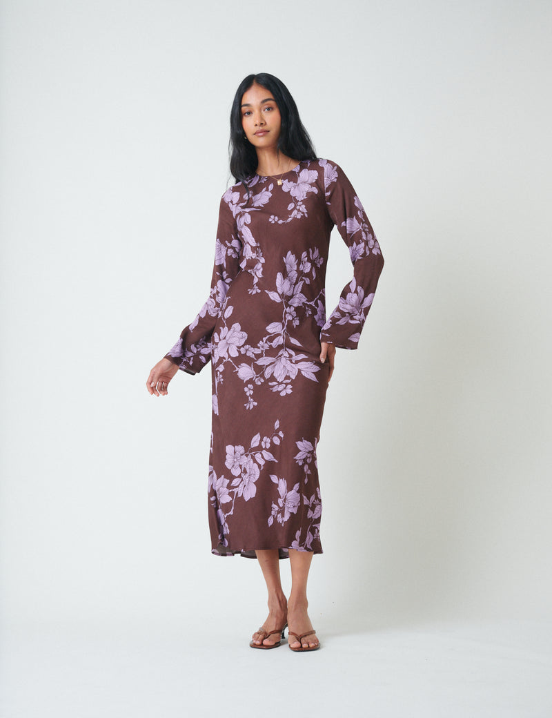 Brown Floral Long Sleeve Shiloh Midi Dress