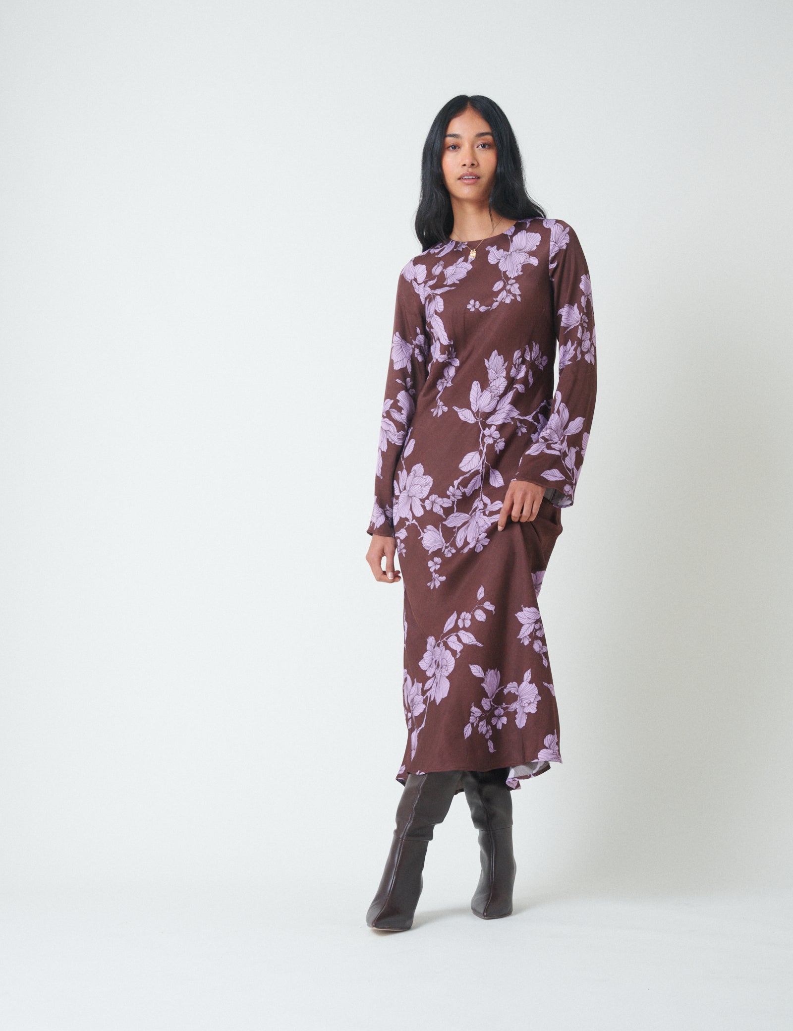 Brown Floral Long Sleeve Shiloh Midi Dress Brown Floral Long Sleeve Shiloh Midi Dress