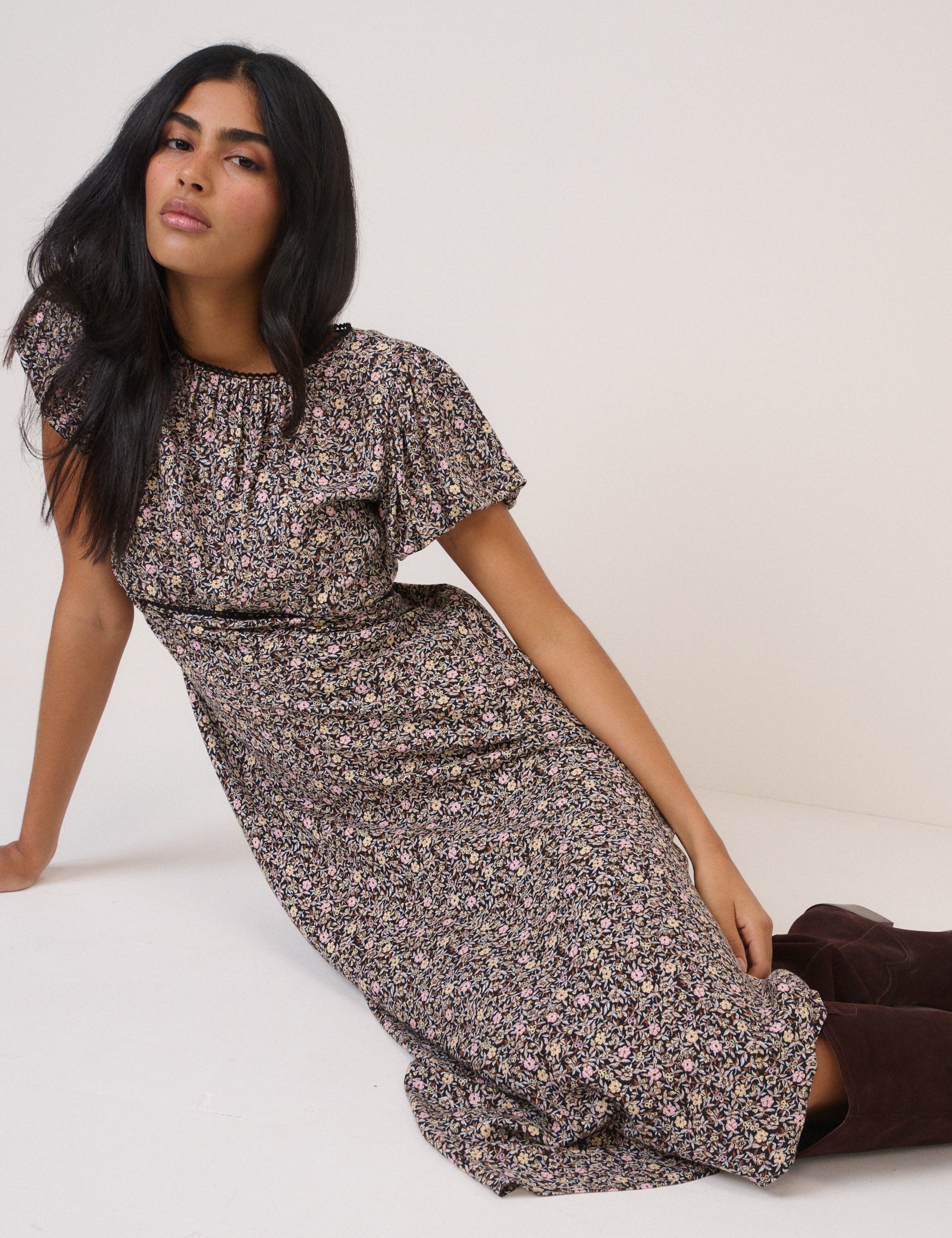 Black Floral Sicily Midi Dress