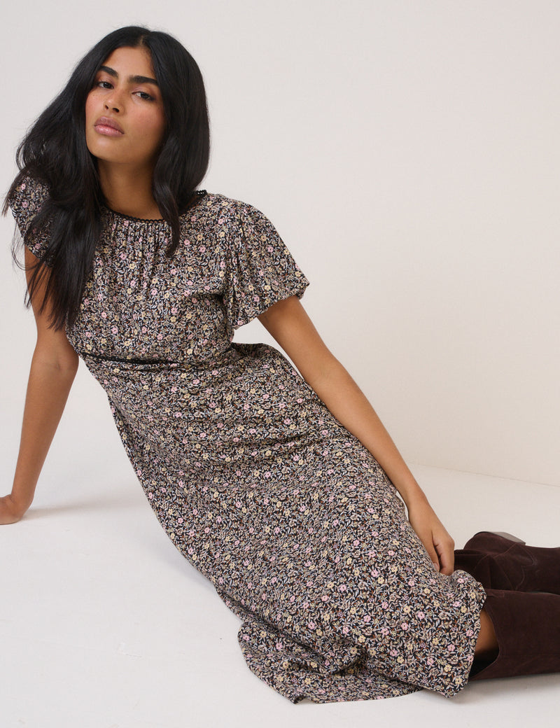 Black Floral Sicily Midi Dress